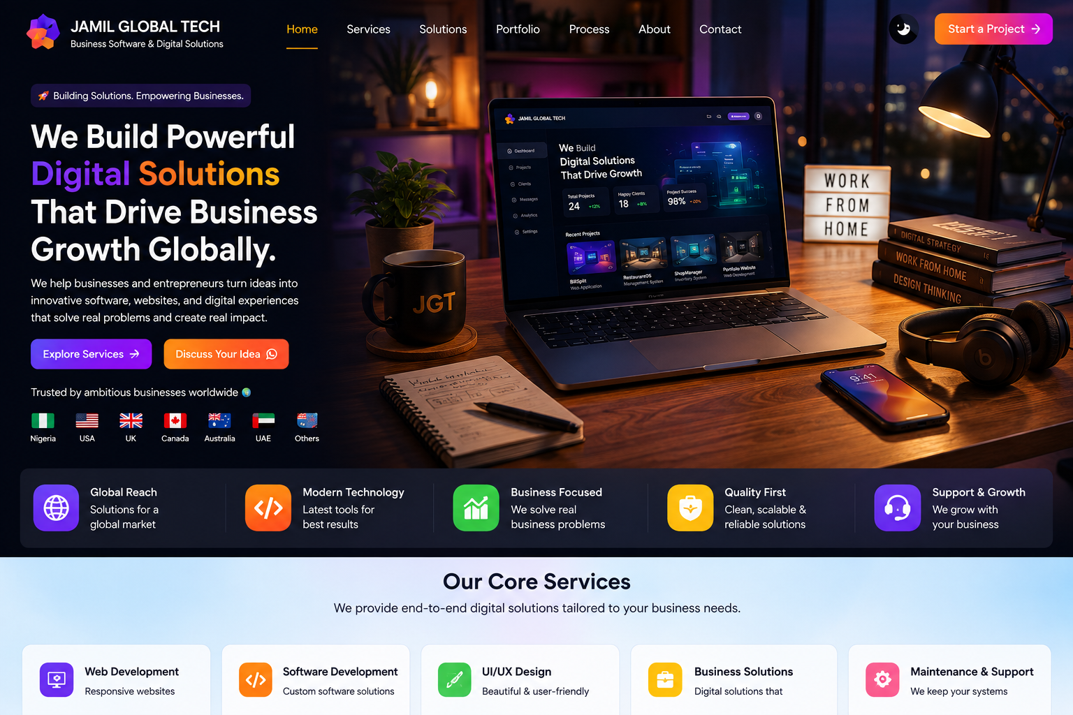 Jamil Global Tech home-office workspace with laptop, work from home setup and digital business solution presentation